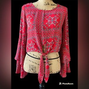 Altard State Small Red Blue White Polyester Crop Top with Front Bow Knot